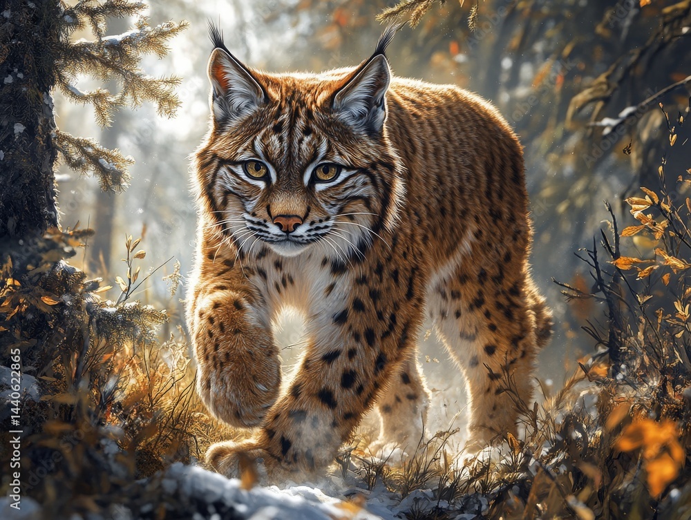 Obraz premium Lynx in Winter: A Majestic Feline Strolls Through a Snowy Forest, Sun-Drenched Fur Aglow in the Winter Light, Displaying the Beauty of Wildlife in Harsh Environments