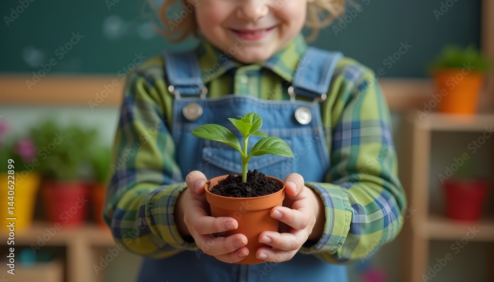 A young child carefully holds a small potted plant, showcasing a tender moment of connection with nature.