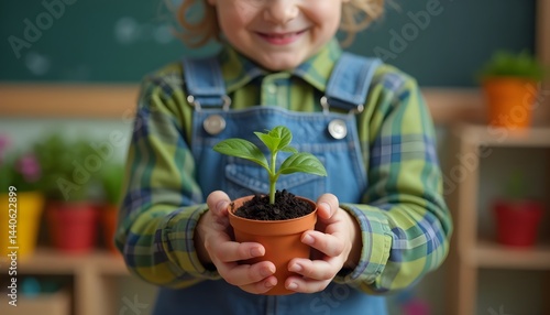 Obraz na płótnie A young child carefully holds a small potted plant, showcasing a tender moment of connection with nature. w salonie