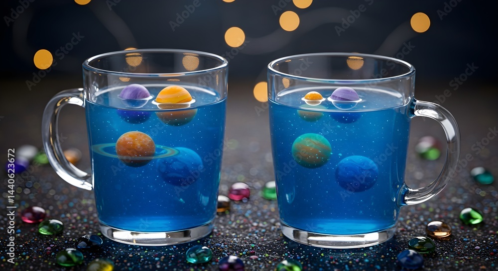 Two mugs filled with a blue liquid and colorful planets. A fun, cosmic-themed drink or dessert.