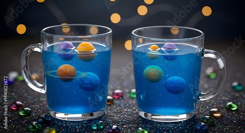 Two mugs filled with a blue liquid and colorful planets. A fun, cosmic-themed drink or dessert.