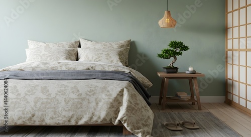 Peaceful bedroom with a beige duvet cover, soft sage green walls, and a small bonsai tree on the nightstand. Tranquil and serene.