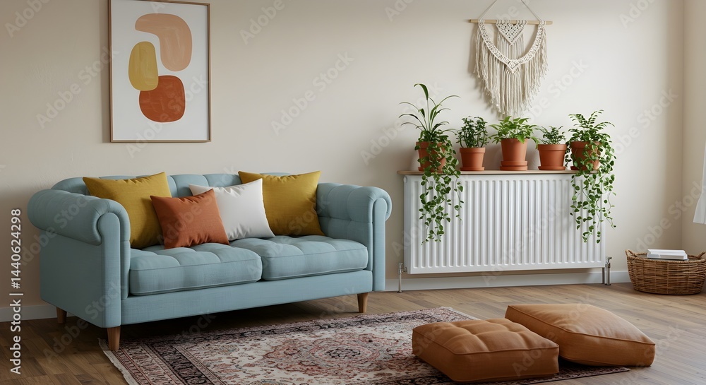 Cozy living room with a light blue sofa, complemented by warm-toned throw pillows and a patterned rug. Plants add a touch of nature.
