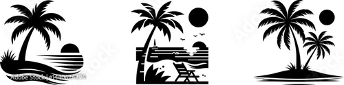 Palm tree black outline icon.Tropical sandy beach .Ocean beach landscape flat black icon . Holiday and summer vacation concept . Vector seascape with palm trees. Seashore background.
