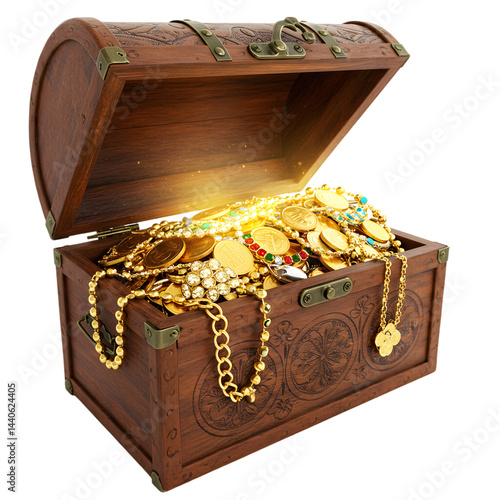 Isolated treasure chest full of gold coins and jewelry concept on white