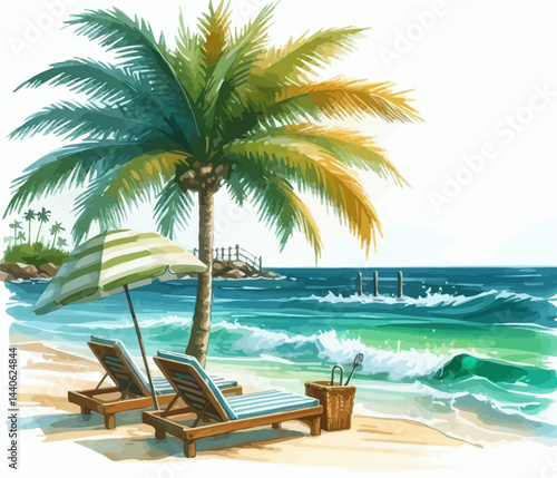 Tropical sandy beach with beach chair .Ocean beach landscape . Holiday and summer vacation concept . Vector seascape with palm trees. Seashore background.