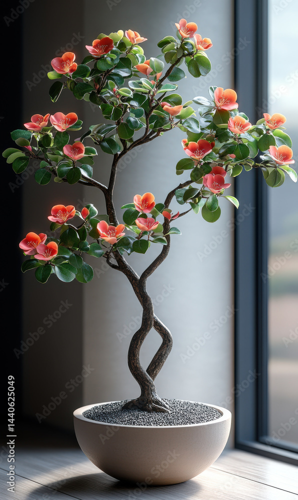 Beautiful bonsai tree with vibrant orange flowers and lush green leaves is elegantly displayed in minimalist pot by window, creating serene and artistic atmosphere
