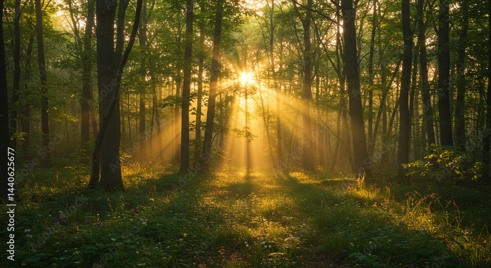 Obraz premium Sunbeams filtering through the trees in a lush, green forest at dawn