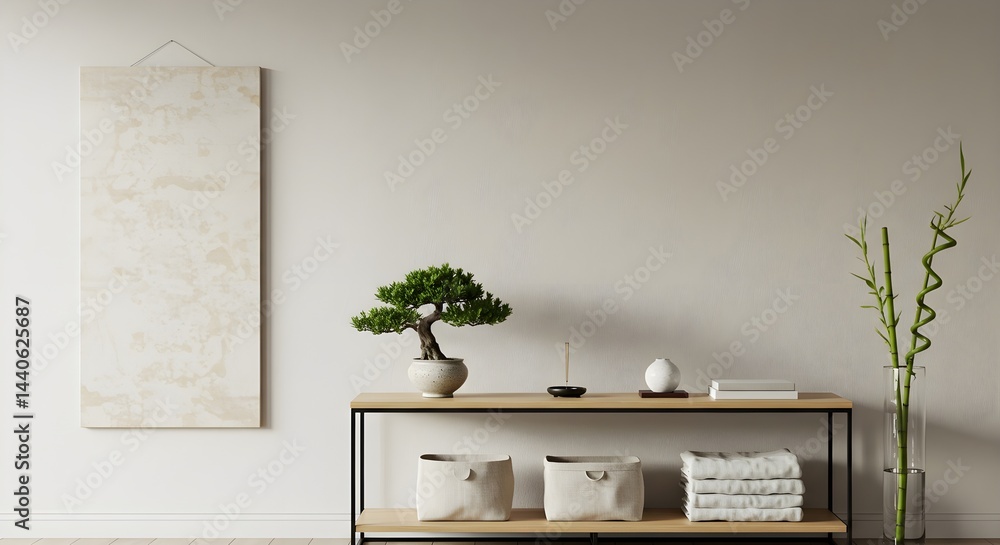 Serene minimalist living room with a bonsai tree, bamboo, and neutral decor. A calming and peaceful atmosphere.