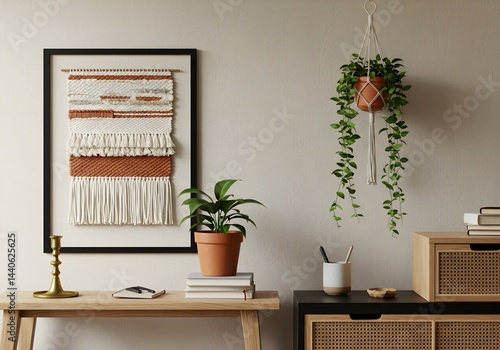 Obraz na płótnie Neutral-toned home office decor with woven wall hanging, potted plants, and wooden furniture. w salonie