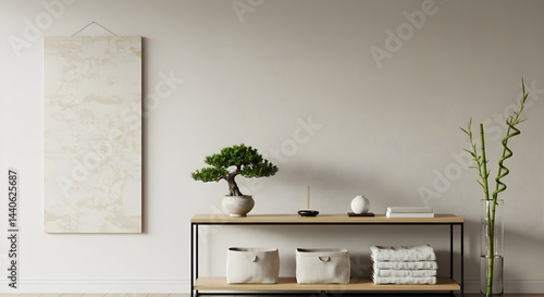 Serene minimalist living room with a bonsai tree, bamboo, and neutral decor.  A calming and peaceful atmosphere.