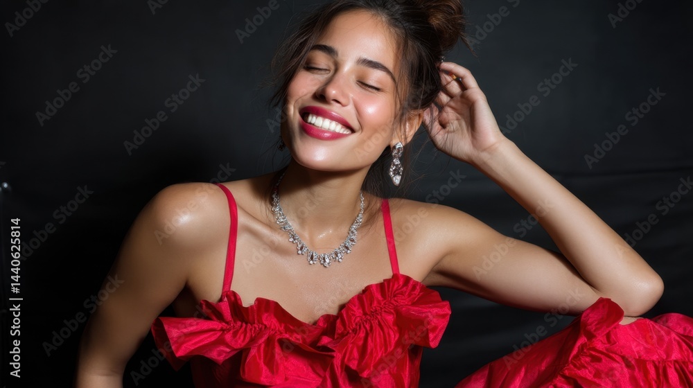 Obraz premium Elegant young woman smiling with jewelry in glamorous red dress against black background