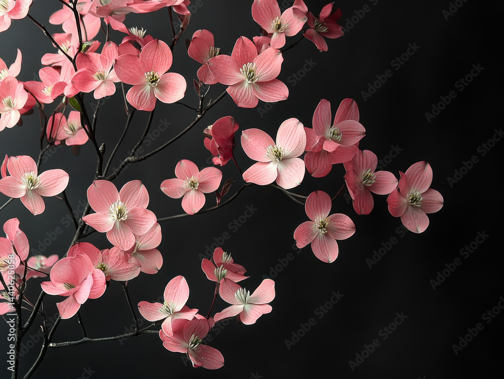 Pink dogwood flowers gracefully bloom against dark background, showcasing their delicate petals and vibrant color. contrast highlights natural beauty and elegance of blossoms