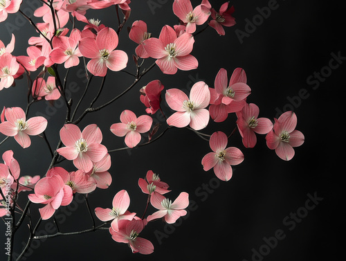 Obraz na płótnie Pink dogwood flowers gracefully bloom against dark background, showcasing their delicate petals and vibrant color. contrast highlights natural beauty and elegance of blossoms w salonie