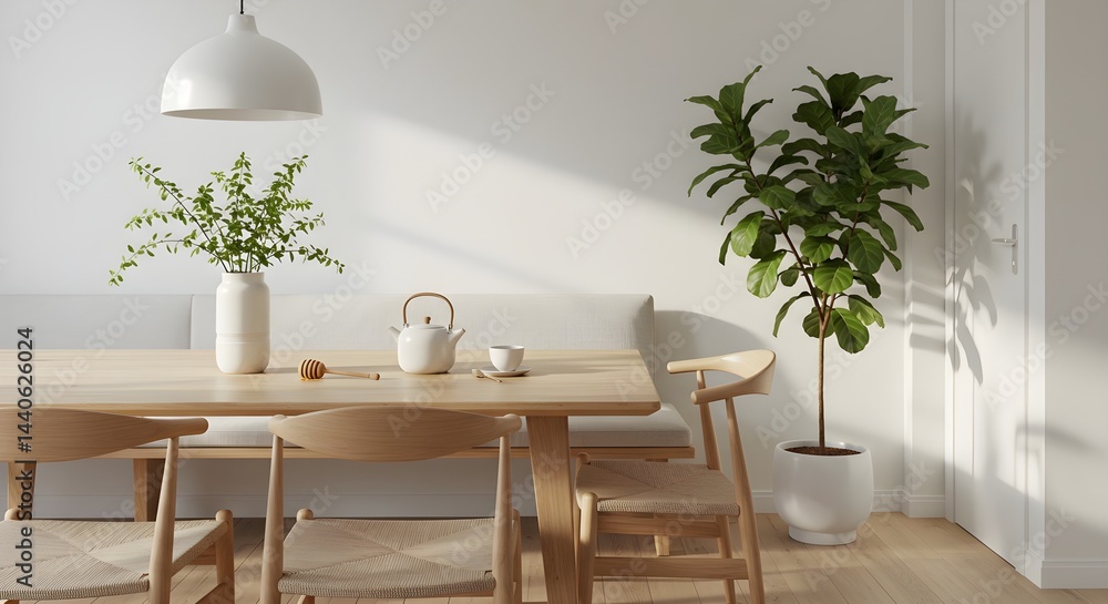 Bright sunlight streams into a minimalist dining area, illuminating a light wood table set with a teapot and greenery. A serene and stylish scene.