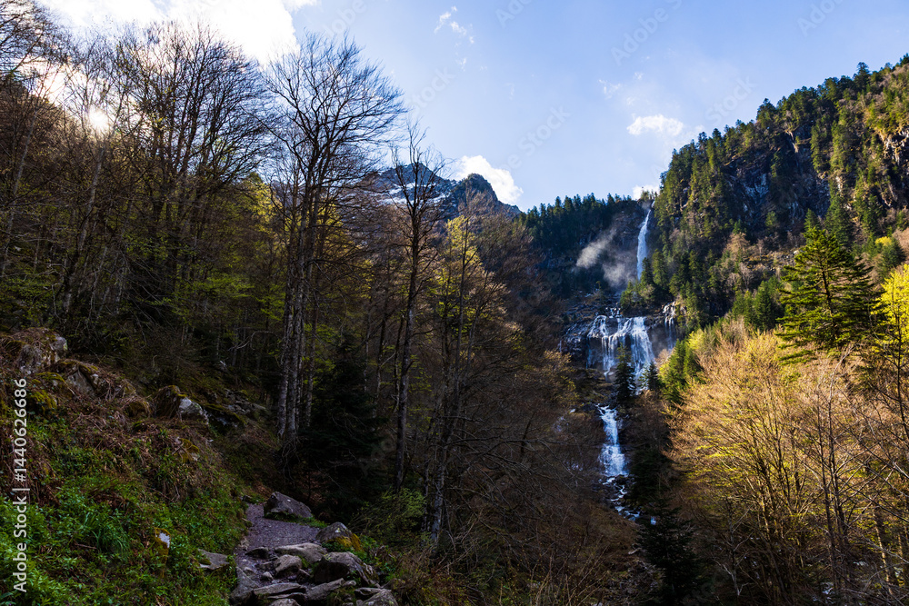 Obraz premium Ars Waterfall, swollen by the melting spring snow, in the Pyrenees region of Haut-Couserans, Ariège