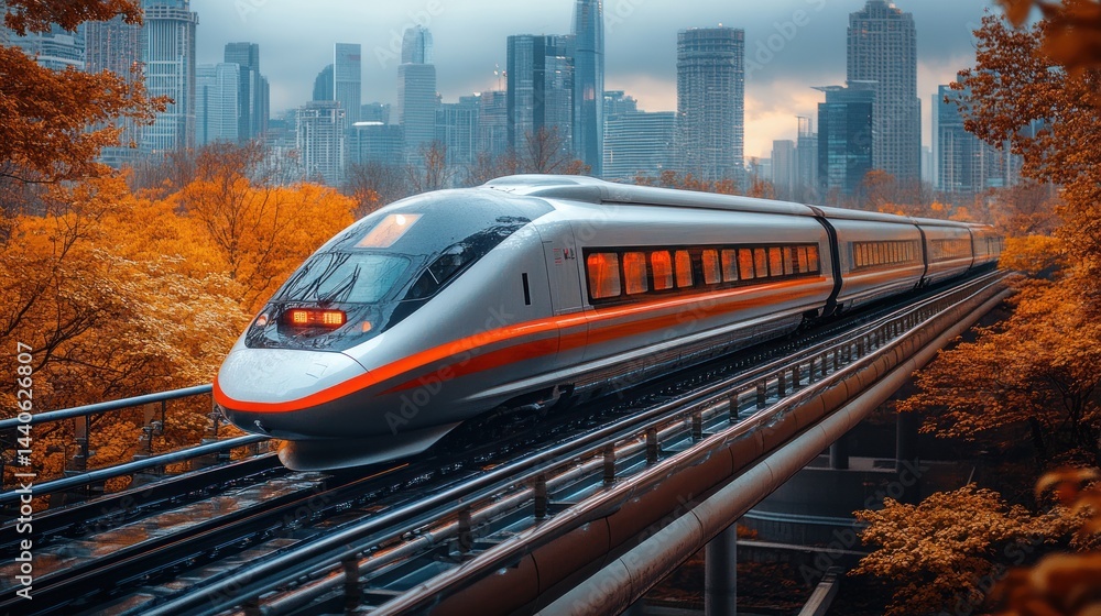 Naklejka premium High-speed train on tracks with city skyline and autumn foliage in background.