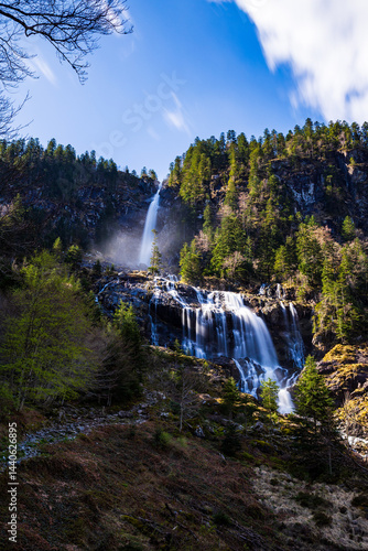 Long exposure view of the Ars Waterfall, swollen by the melting spring snow, in the Pyrenees region of Haut-Couserans, Ariège