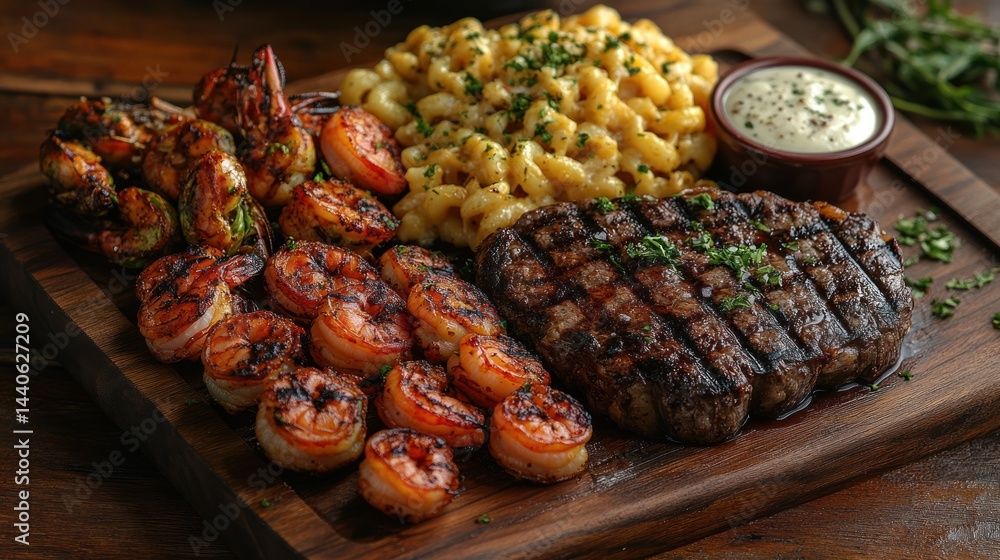 Grilled steak shrimp and macaroni cheese served on a wooden board. Grilled steak shrimp and macaroni cheese served on a wooden board.