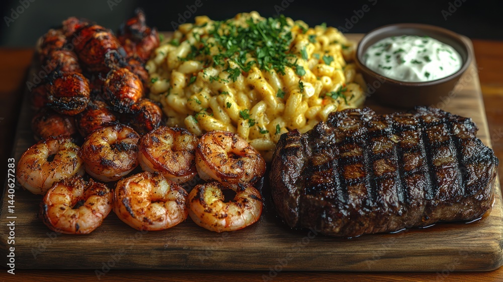 Grilled steak shrimp pasta mushrooms and sauce on a wooden board. Grilled steak shrimp pasta mushrooms and sauce on a wooden board.