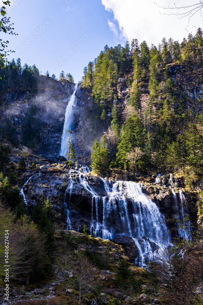 Ars Waterfall, swollen by the melting spring snow, in the Pyrenees region of Haut-Couserans, Ariège