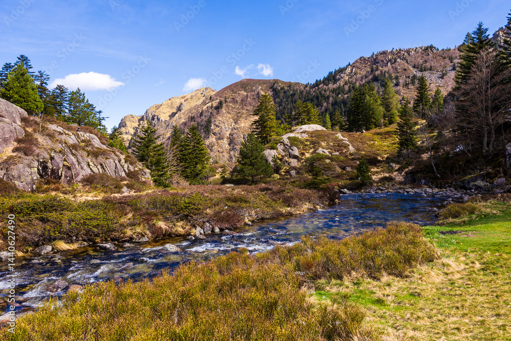 Ars River in Spring from the Plateau above the Waterfall in Haut-Couserans, Ariège