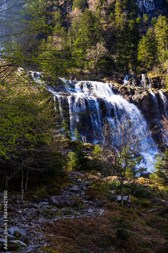 Ars Waterfall, swollen by the melting spring snow, in the Pyrenees region of Haut-Couserans, Ariège