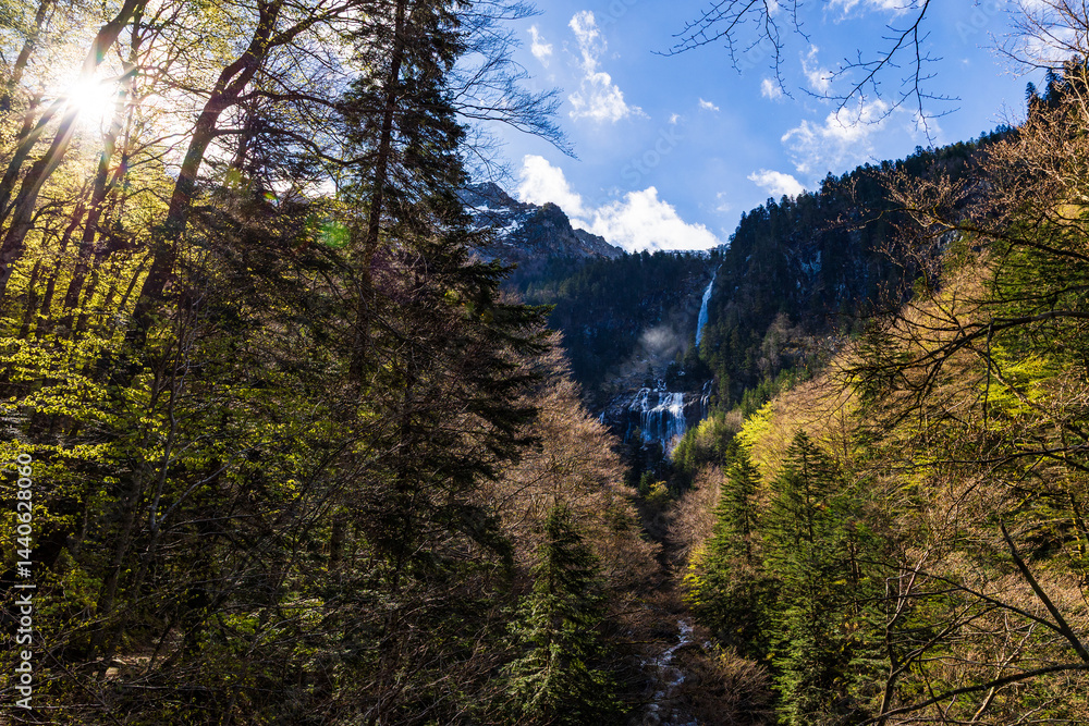Ars Waterfall, swollen by the melting spring snow, in the Pyrenees region of Haut-Couserans, Ariège