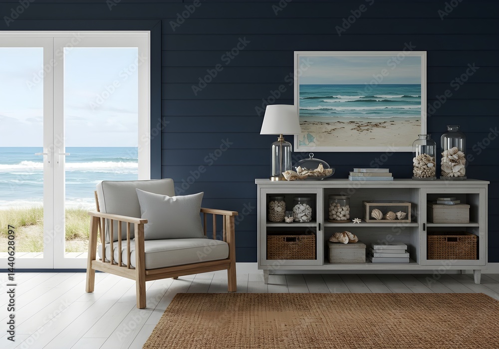 Coastal living room with a light grey armchair, a grey cabinet filled with seashells, and a view of the ocean.