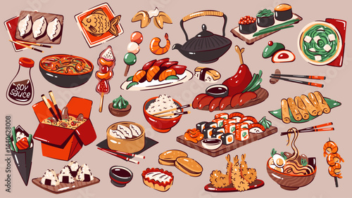 Asian food set in retro style. Seafood sushi and sashimi, ramen noodle and soy sauce, tempura shrimp. Asian traditional dishes, cuisine mascot, Japanese and Chinese cuisine cartoon vector illustration