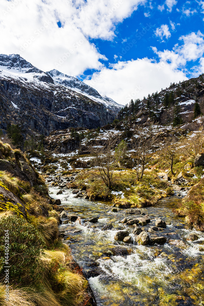 Snow-capped Pique Rouge de Bassiès Mountain in Spring from the Plateau above the Ars Waterfall in Haut-Couserans, Ariège