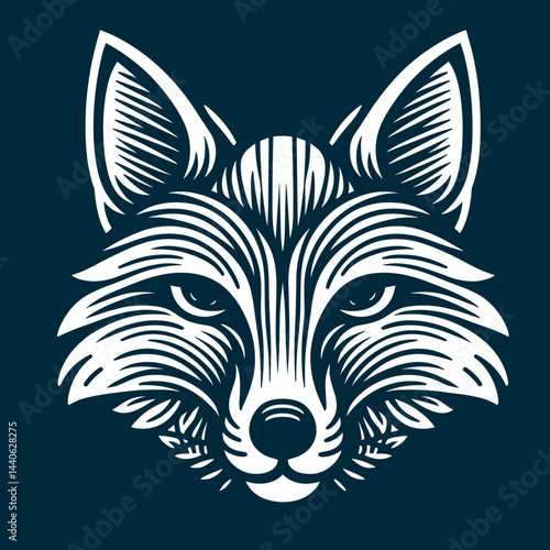 Fox head illustration, cunning expression, stylized design, white on dark background