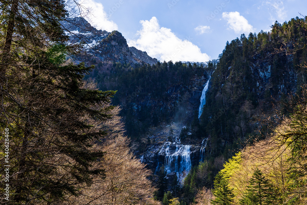 Ars Waterfall, swollen by the melting spring snow, in the Pyrenees region of Haut-Couserans, Ariège