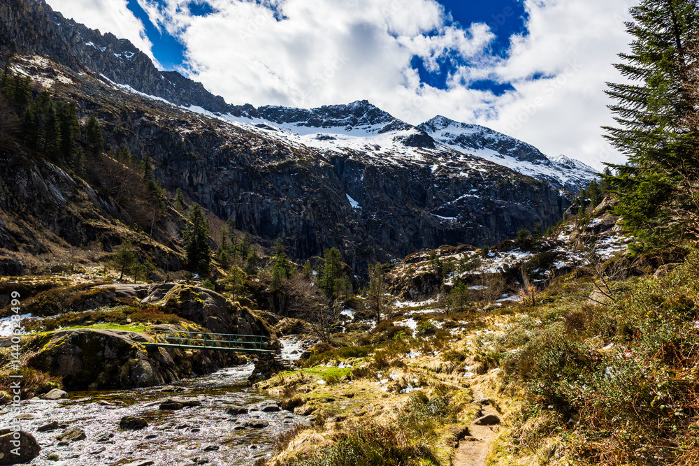 Snow-capped Pique Rouge de Bassiès Mountain in Spring from the Plateau above the Ars Waterfall in Haut-Couserans, Ariège