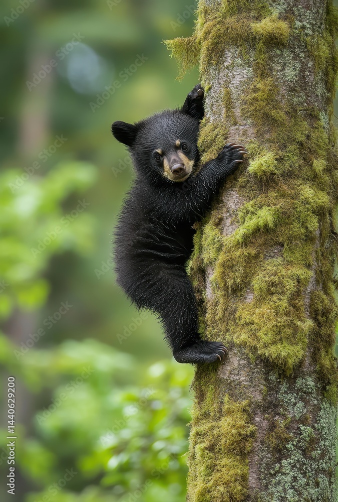 Obraz premium Adorable Black Bear Cub Climbing a Moss-Covered Tree in a Lush Forest Setting Amidst Green Foliage and Natural Habitat