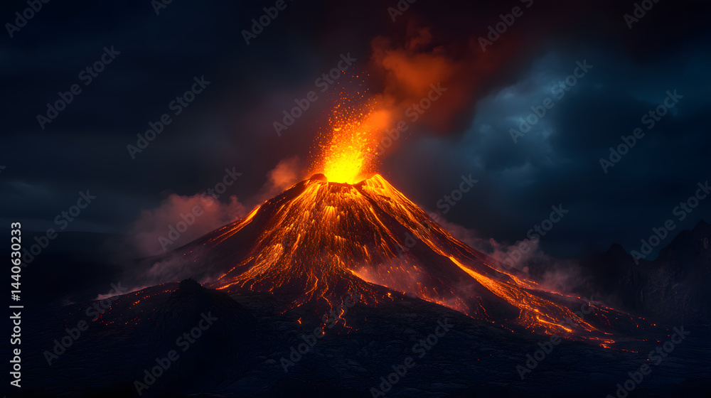 Fototapeta premium A volcano spewing molten lava into the night sky, the fiery flow lighting up the surrounding terrain as it erupts violently.