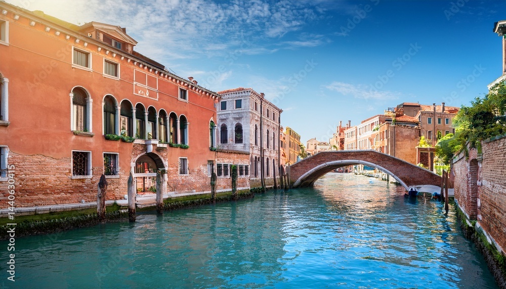 Fototapeta premium old venetian architecture on the canal with bridge in venice italy