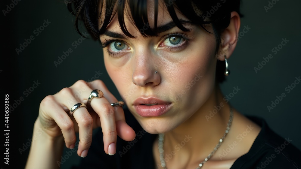 Obraz premium Woman With Short Hair, Silver Jewelry