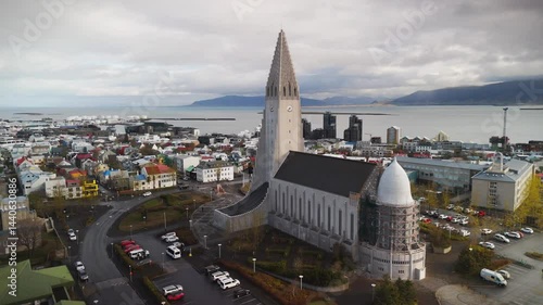 aerial view of Hallgrimskirkja in Reykjavik, Iceland during sunrise