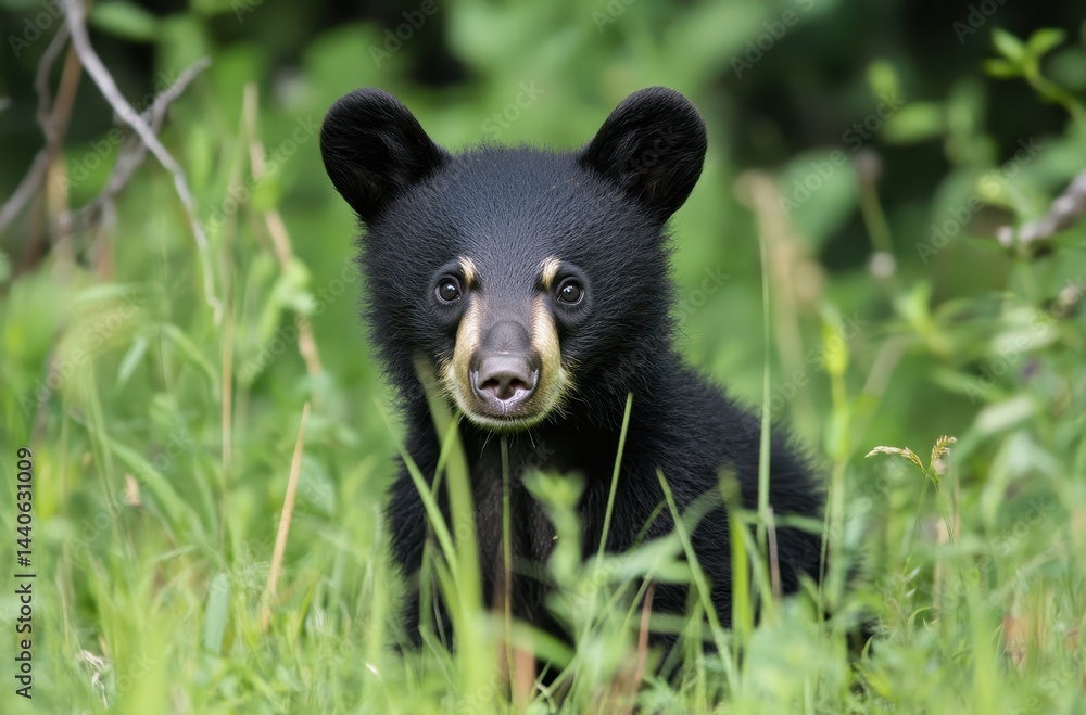 Naklejka premium Adorable Black Bear Cub Sitting in Lush Green Grass Surrounded by Nature, Capturing the Beauty and Cuteness of Wildlife in Its Natural Habitat