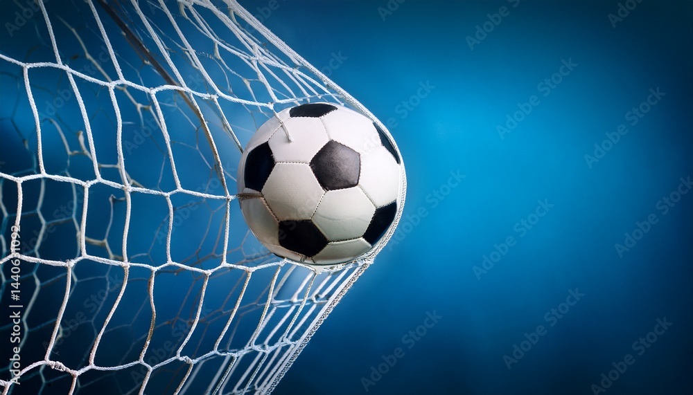 Naklejka premium soccer ball in goal net on blue background