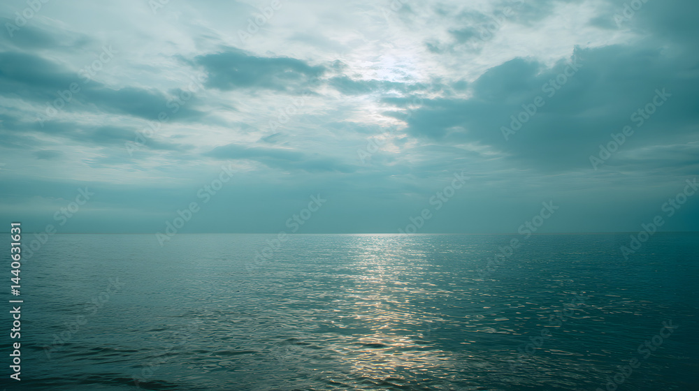 Obraz premium Bright morning on a calm ocean with fluffy clouds reflecting on the water surface in a serene coastal setting