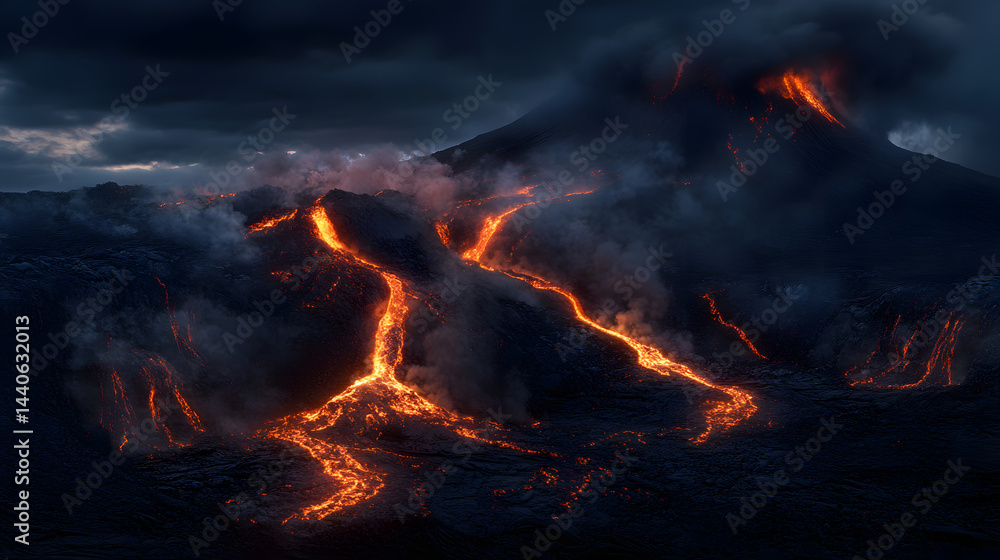 Bright lava rivers winding down the side of a volcano with ash in the air. Bright lava rivers winding down the side of a volcano with ash in the air.
