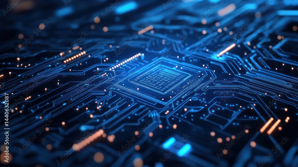 Close-up of a glowing blue circuit board with a central processor. Close-up of a glowing blue circuit board with a central processor.