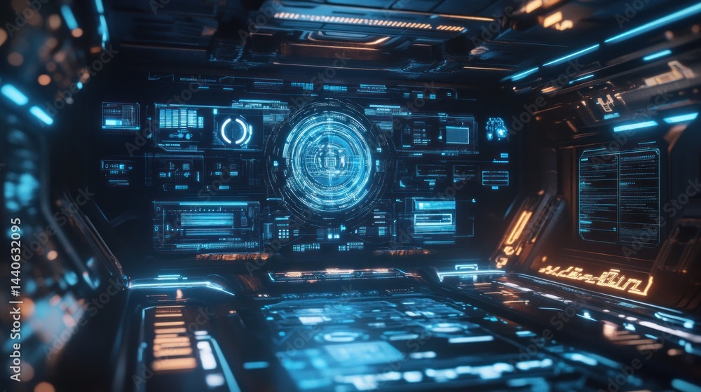 Fototapeta premium Futuristic spaceship bridge with glowing interfaces.