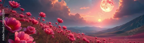 A field of pink flowers with a large moon in the sky