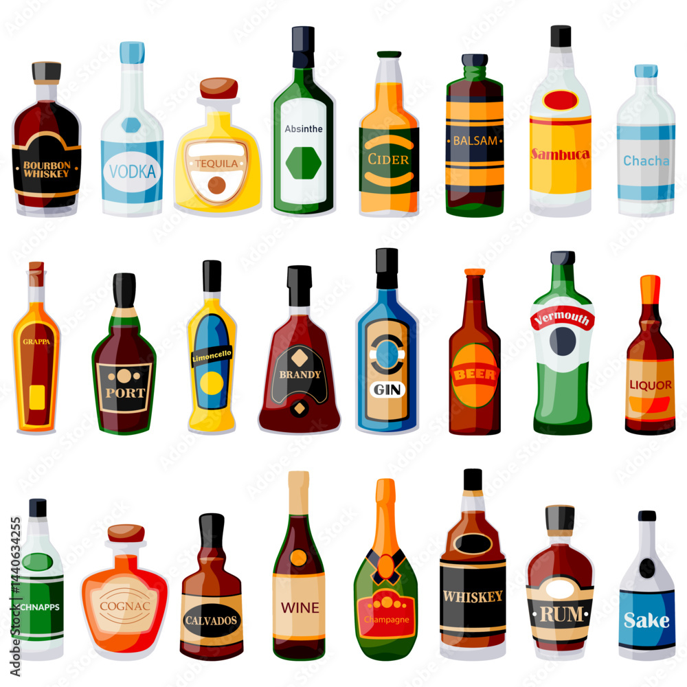 Alcohol drink bottles icons set isolated on white background. Vector flat cartoon illustration. Bar menu design elements Alcohol drink bottles icons set isolated on white background. Vector flat cartoon illustration. Bar menu design elements