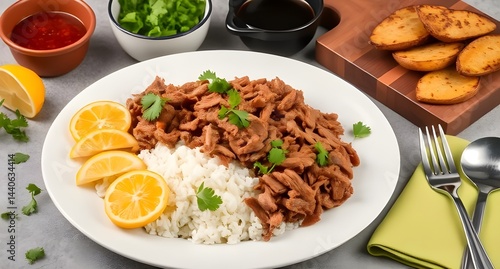 Savory Meal With Rice, Pulled Meat, Lemons, Potatoes, and Fresh Garnishes