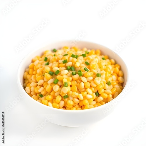Bowl of Cooked Sweet Corn Garnished with Green Herbs on White Background