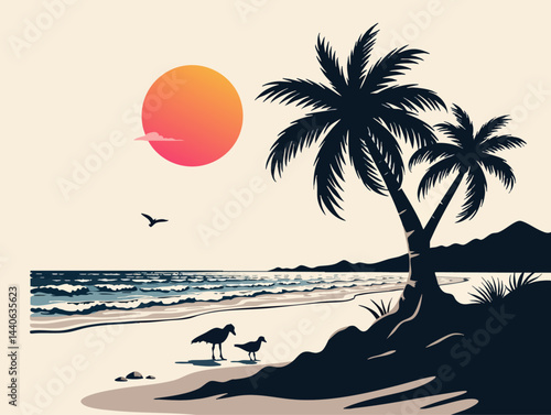 a beach scene with a palm tree and seaguls